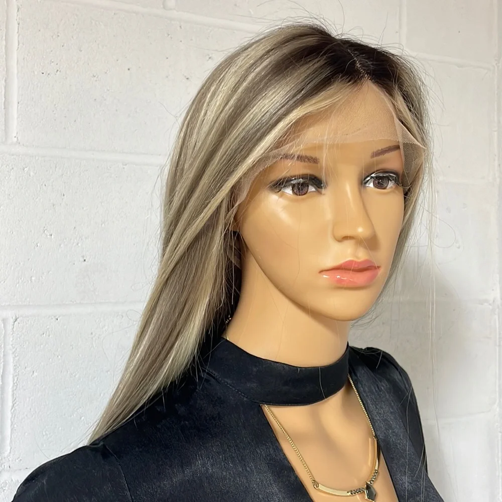 NWT ash blonde human hair wig highlights 100%virgin Remy preplucked hand tied 32